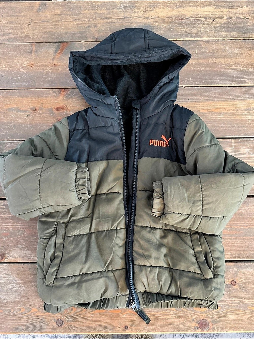 Puma Color Block Kids Zip-Up Puffer Jacket Boys US 5 Green & Black